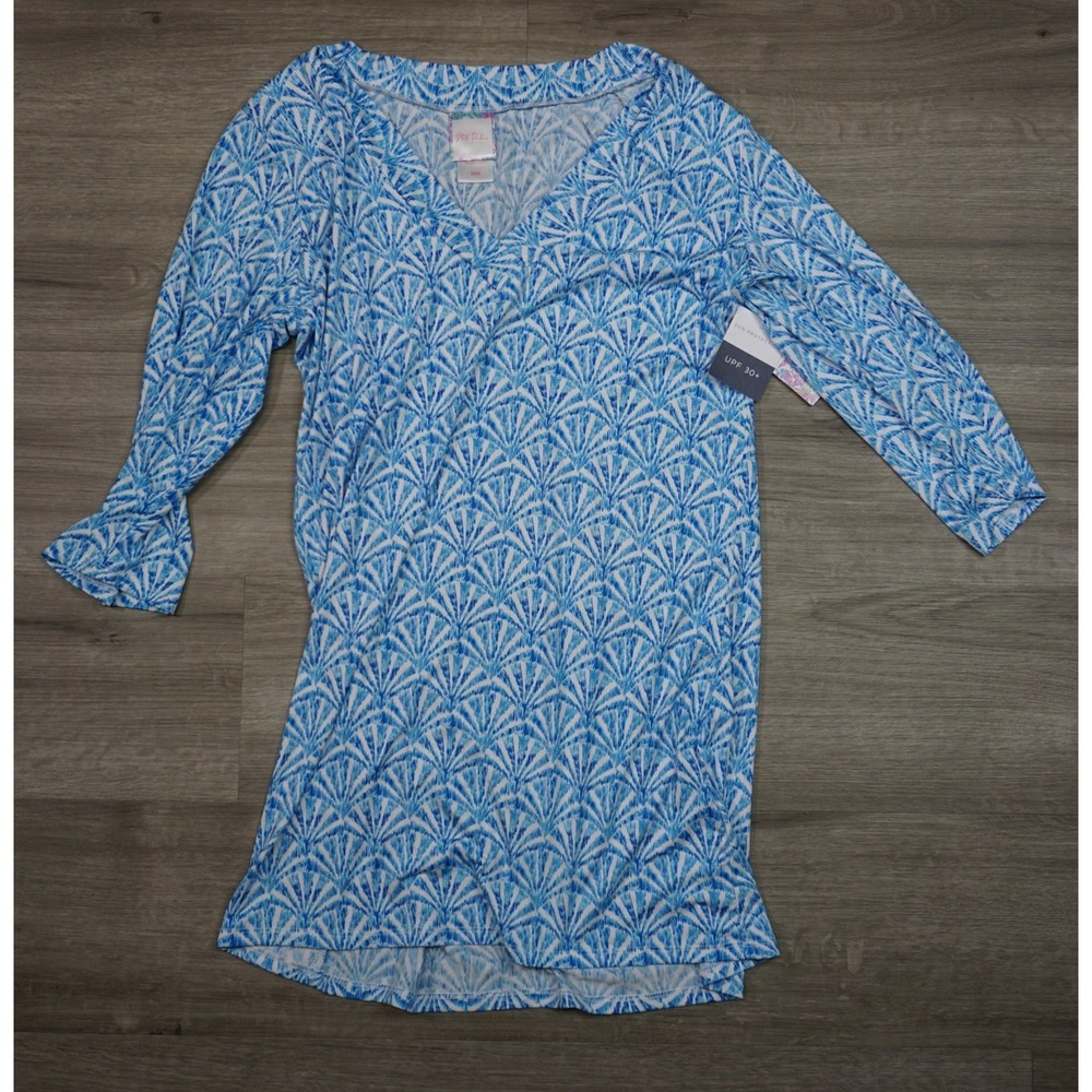New Stella Parker Swim Coverup Midi Shirt Dress Women's Medium Blue Shell Print